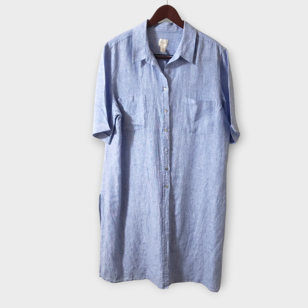 Chico's Light Blue Linen Button-Front Shirt Dress